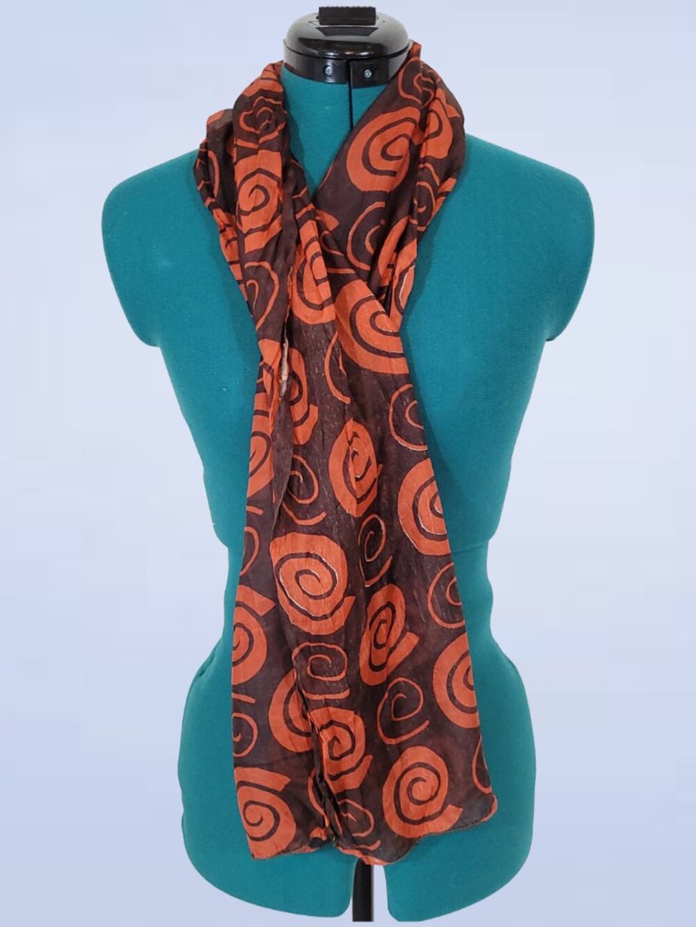 Vintage Silk Scarf Orange Swirl Print Brown Abstract Neck Wrap Retro